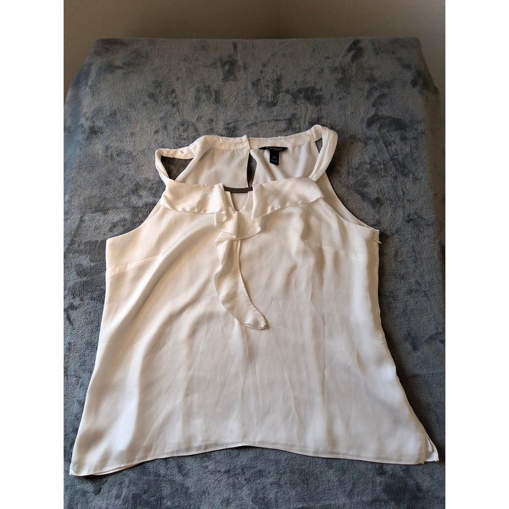 White House Black Market White Ruffle V-Neck Sleeveless Blouse Metal Detail XL
